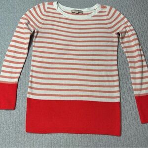 LOFT Ivory and Peach Striped Knit Sweater With Red Accents